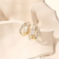 Elegant gold J-shaped hoop earrings with white mother-of-pearl inlay and clear zircons - Small Natural Shell Earrings (Gold MOP Zirconia)