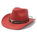 Classic red hand-woven straw cowboy hat with a metal bull logo and decorative metal studs - M (56-58cm) / Red