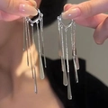 Silver heart-shaped stud earrings with long metal tassels and teardrop pendants - Heart Snake Tassel / Silver