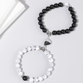 Magnetic couple bracelets with black matte and white marble beads forming a heart - Magnetic Heart Retro Spacer Style / Matte Black & White Marble