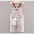 Transparent TPU waterproof apron with brown leather cross straps and functional pockets - Double Tiered Pockets / White