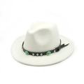Cappello fedora in feltro bianco con pietre turchesi su fascia in pelle nera elegante - Edizione Standard / Bianco