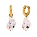 Gold textured hoop earrings with baroque pearls and colorful gemstone accents - Baroque Faux Pearl Vintage Earrings - Multicolor