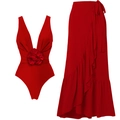 Red one-piece swimsuit with 3D floral accent and matching ruffle wrap skirt for vacations - S / Red V-Neck Set