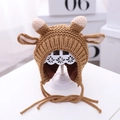 Brown knitted baby earflap hat with cute deer antlers and decorative lace trim - Coffee Large Antlers - Lined