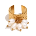 Vintage style 18K gold plated hammered ring with white pearl tassels on white background - Pearl Tassel Hammered Texture Open Ring - Gold