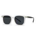 Modern square matte translucent sunglasses with black lenses and gold metal arrow accents - White Frame Gray Lens