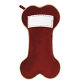 Weihnachtssocke in Hundeknochenform aus rotem Samt mit Goldrand und weißem Etikett - Samt / Rote Samt-Knochentasche / Rot