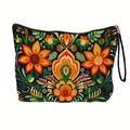 Black Day of the Dead floral makeup bag with orange and yellow folk art pattern - Orange Red Folk Floral (xy-036-01) / With Wristlet