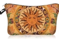 Macro detail of the vintage sun pattern and black zipper on this floral makeup bag - Sun Face Floral