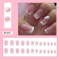 White French press-on nails with gold lines and star patterns, 24-piece manicure set - W1037 Simple French