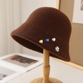 Deep brown plush lamb wool bucket hat with heart accents and bear decoration - M (56-58cm) / Bear Style / Dark Coffee