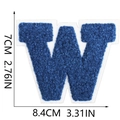 Close-up of blue chenille letter W patch with white felt backing and size dimensions - Blue-Letter W