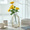 Golden geometric metal frame test tube vase with sunflower, size 15x11cm - Short Round Vase + 1 Yuanbao Flower / Gold