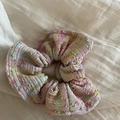 Rainbow tweed scrunchie with colorful texture and pastel knit fabric for hair styling - 21 Pink White Dots Scrunchie
