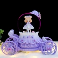 Purple carriage crystal ball music box with girl and bunny figurines and Lovely text - MK Medium 80 Snowfall + Color Light / 2055 Purple