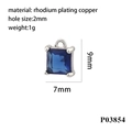 Detail of a 7x9mm square blue zircon pendant in silver-tone rhodium plated copper - Silver Base - Blue Gem