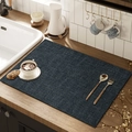 Navy blue faux linen dish drying mat on wooden kitchen countertop surface - 30*40cm [Waterproof Thin Leather] / Blue Rhythm