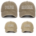 Detail of washed cotton baseball caps with PAPA, MAMA, and MINI embroidery set - Khaki PAPA+MAMA+2xMINI (4-Piece Set)