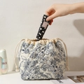 Quilted Floral Drawstring Cosmetic Bag Portable Travel Makeup Pouch Large Storage Bag - Navy With Floral