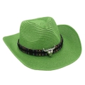 Detailed macro view of woven straw texture with ethnic band and silver bull skull accessory - Grass Green