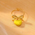Golden titanium steel open ring featuring a yellow heart pendant and bow detail - One Size / Yellow