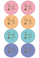 Colorful round 'Thank you' stickers in pink, orange, cyan, and purple with gold hearts - Sticker - Four Colors