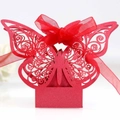 Elegant red laser-cut butterfly candy box with a matching silk ribbon bow for weddings - Pearlescent Red