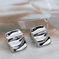 Minimalist silver twist rectangle earrings with modern wavy texture finish - 53# Silver Earring Post - Silver - Wave Rectangular