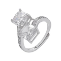 Macro detail of silver adjustable open ring featuring two square cubic zirconia stones - Platinum White Zirconia