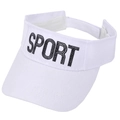 Detail of white sport sun visor featuring black letter embroidery and stitched brim texture - White