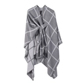 Women's grey plaid cashmere-like poncho wrap with white check patterns and front tie - Grey Plaid