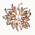 Elegant rose gold flower brooch with champagne crystals and white pearl center - Champagne Gold