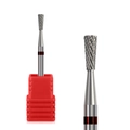 Macro view of silver alloy nail drill bit with cross-cut grooves and dual red rings - Inverted Cone Style 02