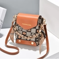 Mini crossbody bag with orange checkered pattern and cartoon cat motif and scarf handle - Orange