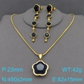 Golden four leaf clover jewelry set with black stones and long tassel earrings - Long Tassel 2-Piece Set / Gold
