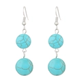 Bohemian style double turquoise stones dangle earrings with vintage silver hooks - Double Layer Round Blue (10243)