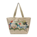 Linen tote bag in beige with tropical parrots and Cartagena print for beach travel - Style 5 (Parrot/Sunglasses-Cartagena)