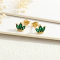 Macro shot of 18K gold plated clover studs with emerald green marquise cut zircons - Emerald Green Crown Petal (ER1197-A)