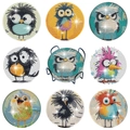 DIY diamond painting coasters set featuring cartoon owls with a black metal storage holder - Funny Owl Birds Style