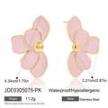 Pink enamel flower stud earrings in stainless steel with golden accents and beads - Pink (JDE0305079-PK)