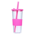 Close-up detail of clear double wall plastic tumbler with pink silicone sleeve and straw. - 24oz / Rose Red