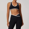 Zweiteiliges schwarzes Sportset mit weißem Rand, V-Ausschnitt Top und Cross-Waist Leggings - S / Premium Schwarz