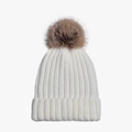 White knit beanie with brown faux fur pom pom for winter warmth and outdoor leisure - Adult Size (56-60cm) / White