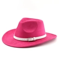 Fuchsiafarbener Filz-Cowboyhut mit weißem Lederband und silberner Metallschnalle vor weiß - M (56-58cm) / Fuchsia