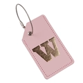 Pink PU leather luggage tag with gold letter W and secure steel wire cable loop - Letter W