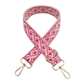 Detail of pink and white geometric jacquard bag strap with golden metal hooks and buckle - White/Rose Pink Geometric