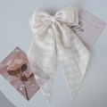 Elegant cream striped chiffon hair bow clip with long ribbons on artistic background - White Striped