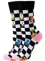 Checkerboard mid-calf socks with colorful chess embroidery and pink contrast heel - EU 36-42 / Black and White Chessboard