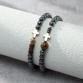 Men's hematite beaded bracelet set with tiger eye stone and cross charms on dark beads - 22120312 Cross Tiger Eye Set